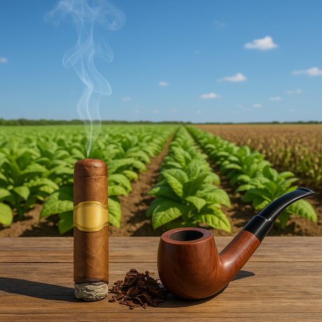 Zigarre und Pfeife vor Tabakfeld unter blauem Himmel bei Sonnenschein