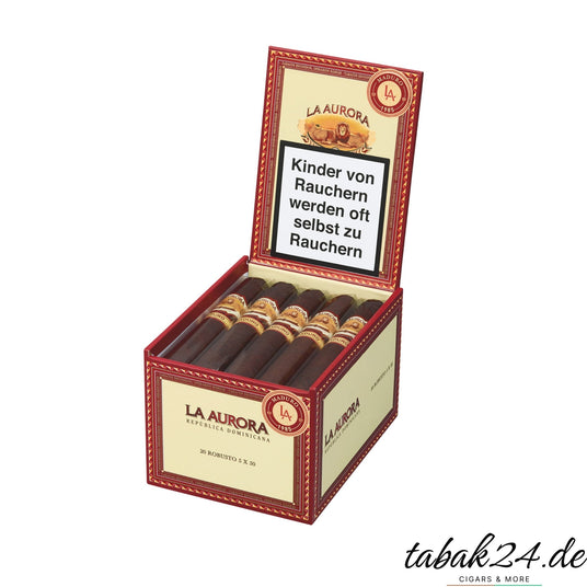 Geöffnete La Aurora 1985 Maduro Robusto Kiste mit Premiumzigarren