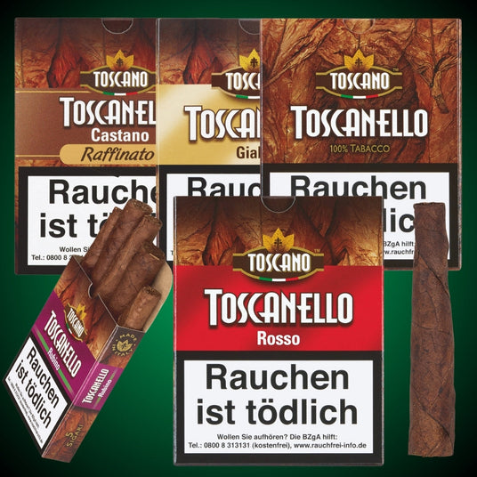 Toscanello Zigarren Sortiment mit verschiedenen Varianten in Einzel- und Mehrfachverpackungen vor grünem Hintergrund