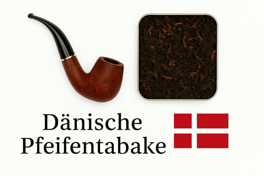 Dänische Pfeifentabake mit klassischer Pfeife, Tabakdose und dänischer Flagge auf hellem Hintergrund