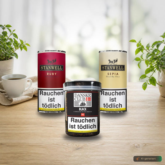 Milde Pfeifentabake von Stanwell und Danske Club auf heller Eiche mit Kaffeetasse und Pflanzen