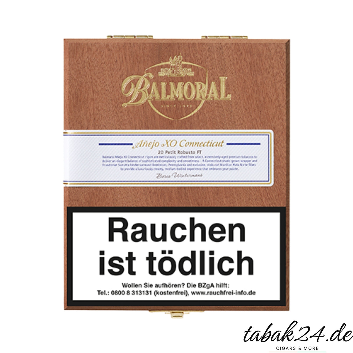 Holzkiste mit 20 Balmoral Anejo XO Petit Robusto Zigarren aus Connecticut