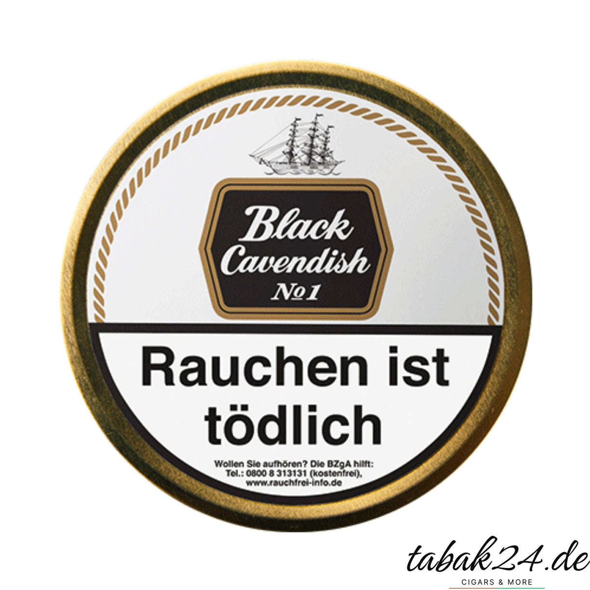 Runde Dose Black Cavendish No. 1 Pfeifentabak mit weißem Etikett und Goldrand