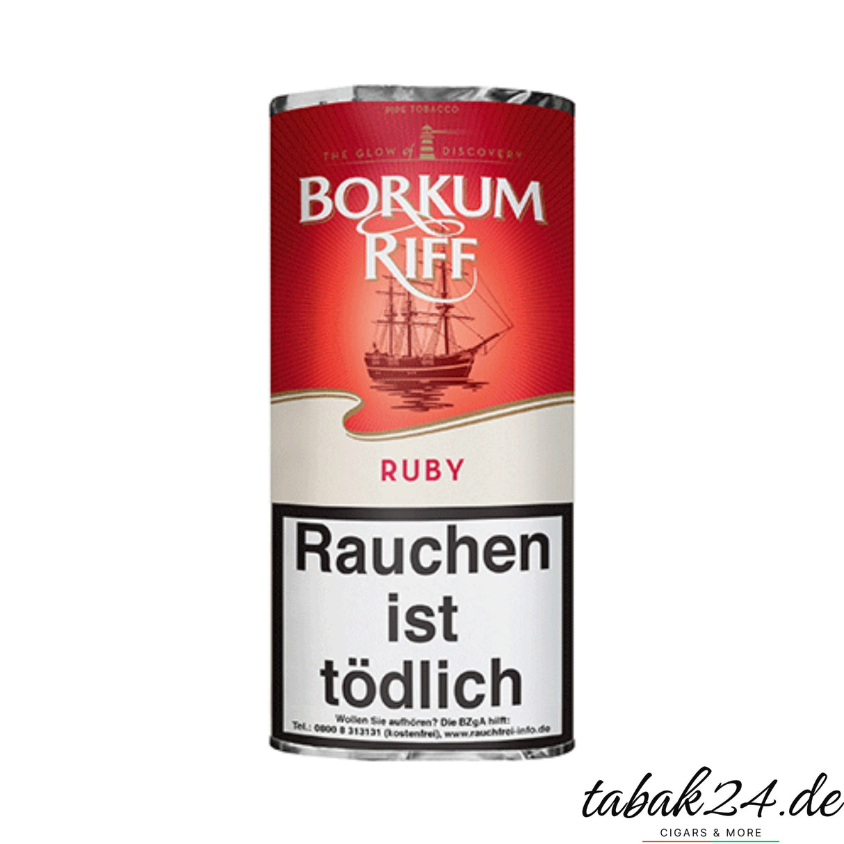 Borkum Riff Ruby Pfeifentabak im roten Pouch mit Kirscharoma und Segelschiff-Motiv