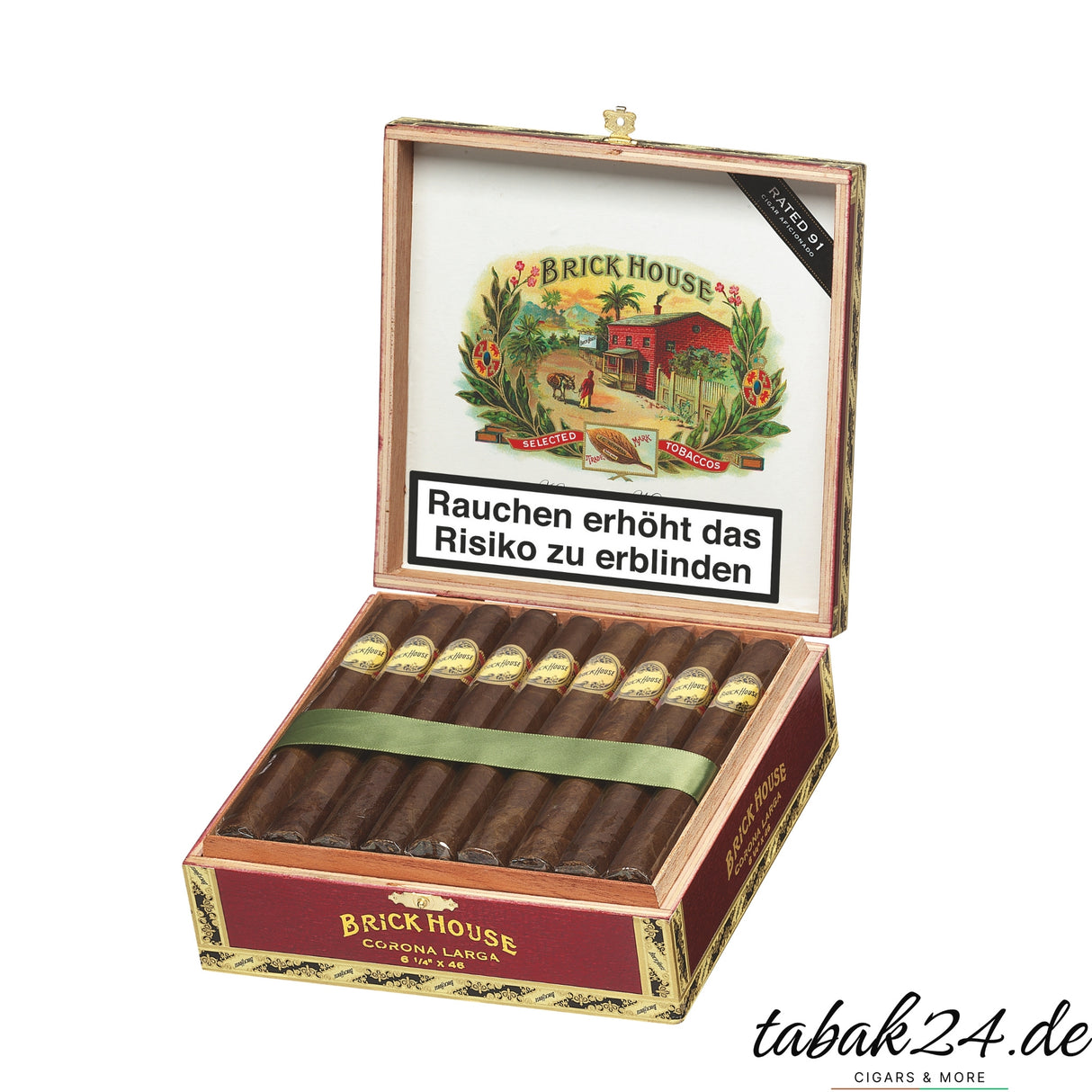 Brick House Corona Larga Zigarrenkiste mit 25 Zigarren geöffnet auf weißem Hintergrund