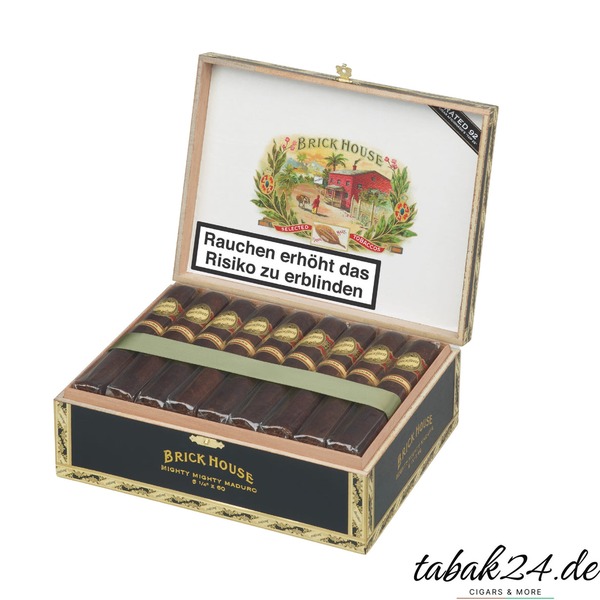 Geöffnete Brick House Maduro Kiste mit 25 Zigarren im Gordo-Format