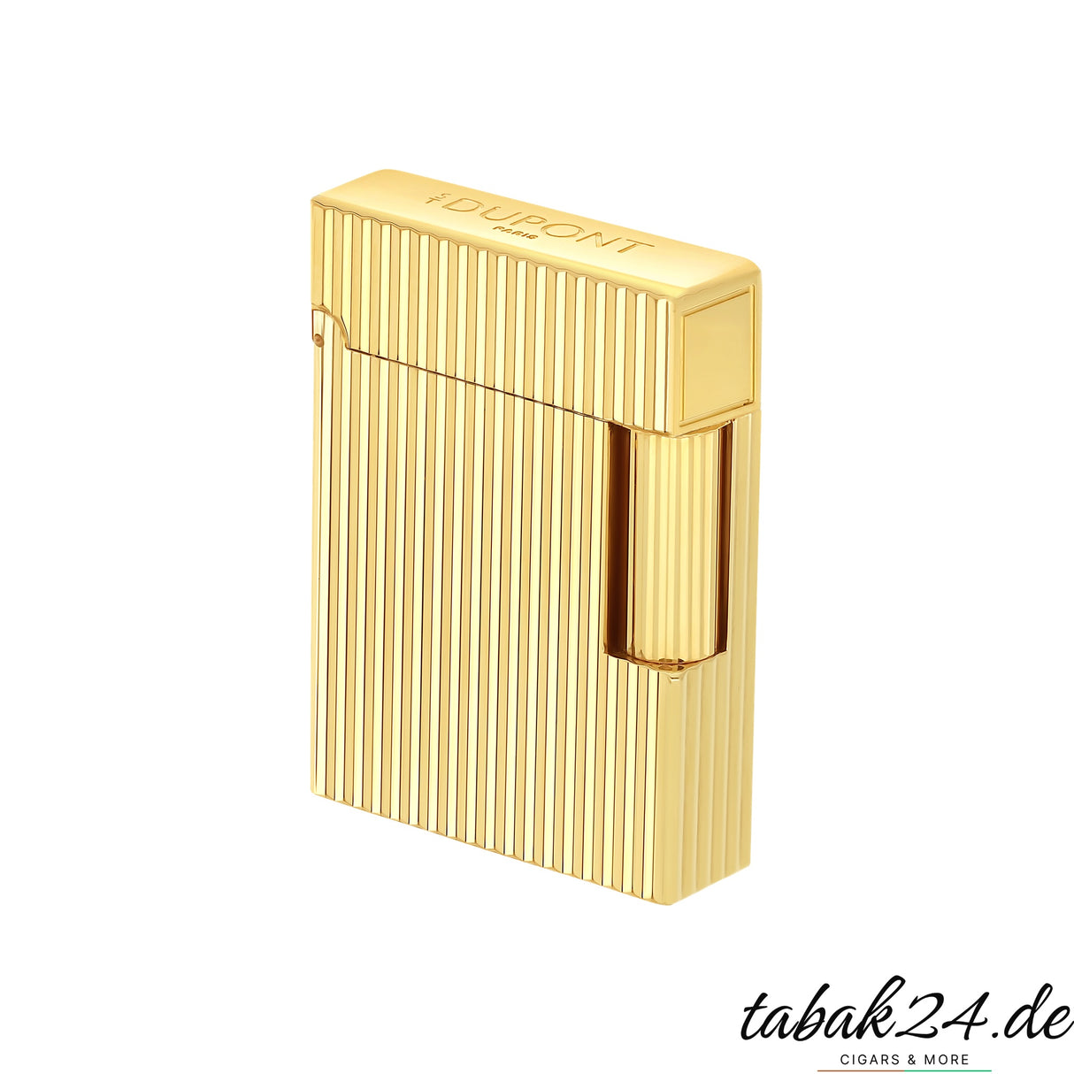 S.T. Dupont Ligne 1 Feuerzeug C14020 Vertical Line Gold – Schrägansicht mit S.T. Dupont Paris Gravur