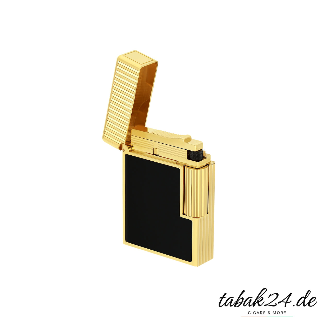 S.T. Dupont Ligne 1 Feuerzeug C14120 Vertical Line Noir Laque Gold – geöffnet mit sichtbarem Zündmechanismus
