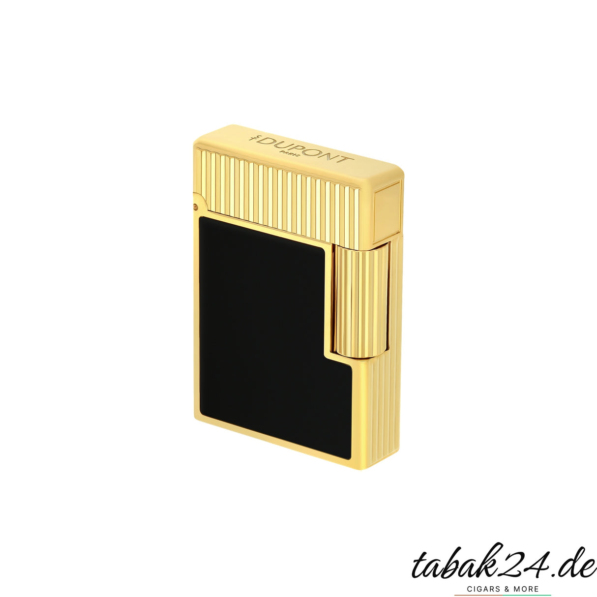 S.T. Dupont Ligne 1 Feuerzeug C14120 Vertical Line Noir Laque Gold – Schrägansicht mit S.T. Dupont Paris Gravur