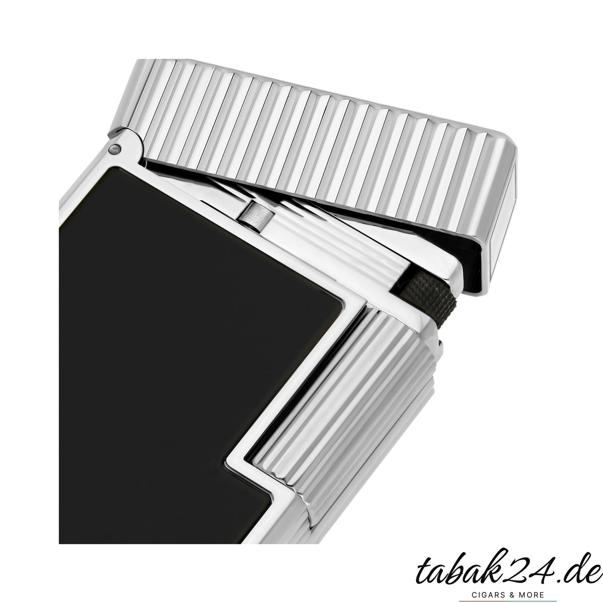 S.T. Dupont Ligne 1 Feuerzeug C14121 Vertical Line Noir Laque Palladium – Nahaufnahme Scharnier und Rillenstruktur