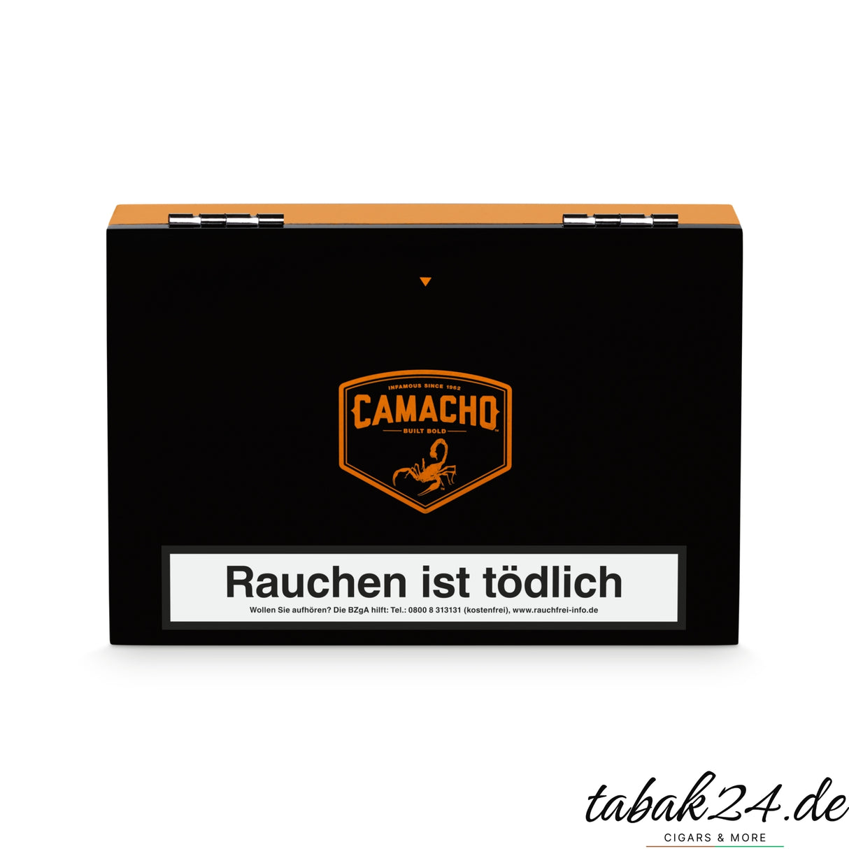 Camacho Connecticut Kiste geschlossen mit schwarzem Deckel und orangem Logo