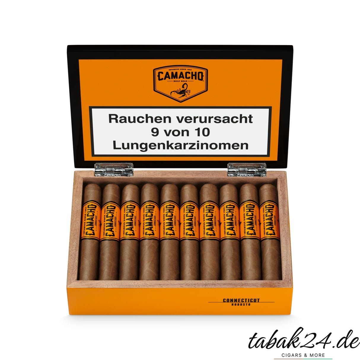 Offene 20er-Kiste der Camacho Connecticut Robusto mit hellen Deckblättern