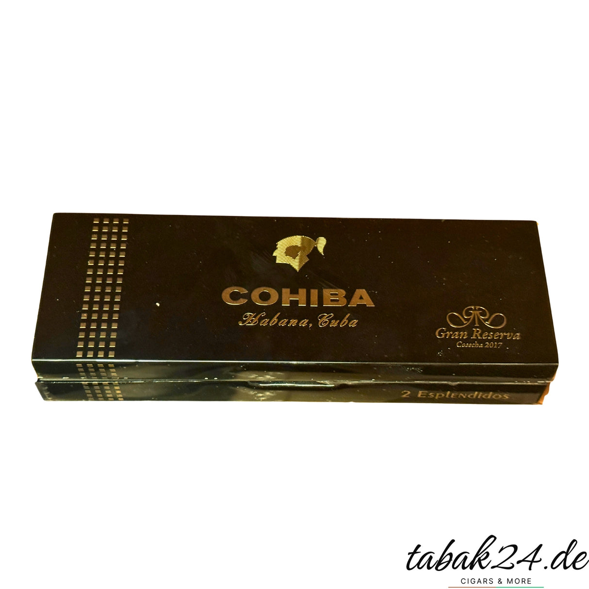 Cohiba Espléndidos Gran Reserva Cosecha 2017 – 2er-Kiste Frontansicht in edlem Schwarz mit Goldprägung