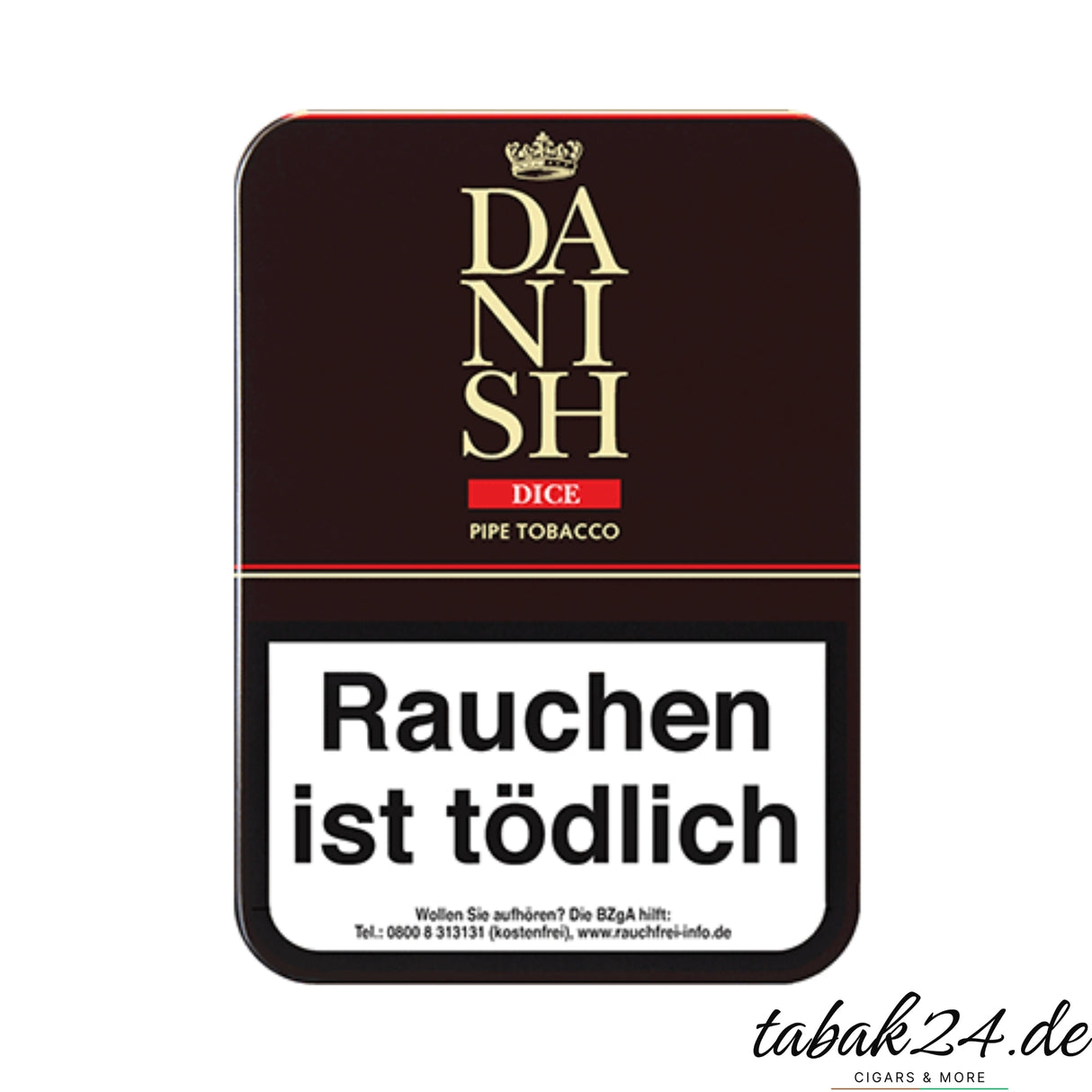 Danish Dice Black Pfeifentabak in 100g Dose mit Dice-Schriftzug auf schwarzem Hintergrund