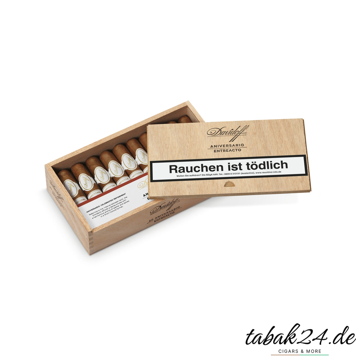 Geöffnete Holzkiste mit 20 Davidoff Aniversario Entreacto Zigarren