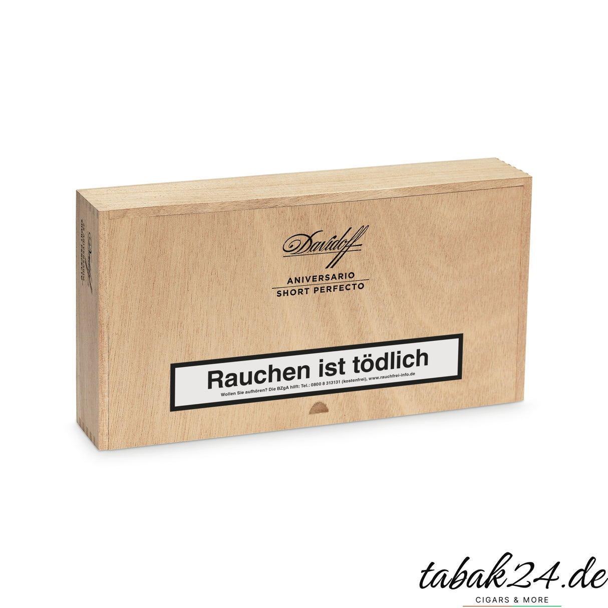 Holzkiste Davidoff Aniversario Short Perfecto geschlossen, mit Branding auf dem Deckel