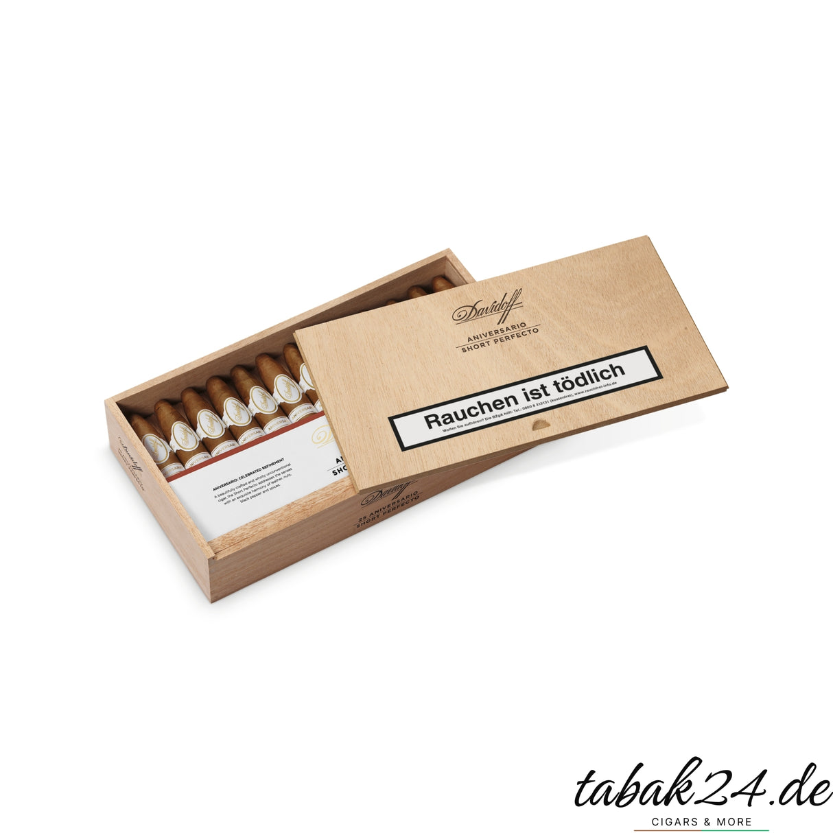 Geöffnete Holzkiste Davidoff Aniversario Short Perfecto, Zigarren sauber eingelegt