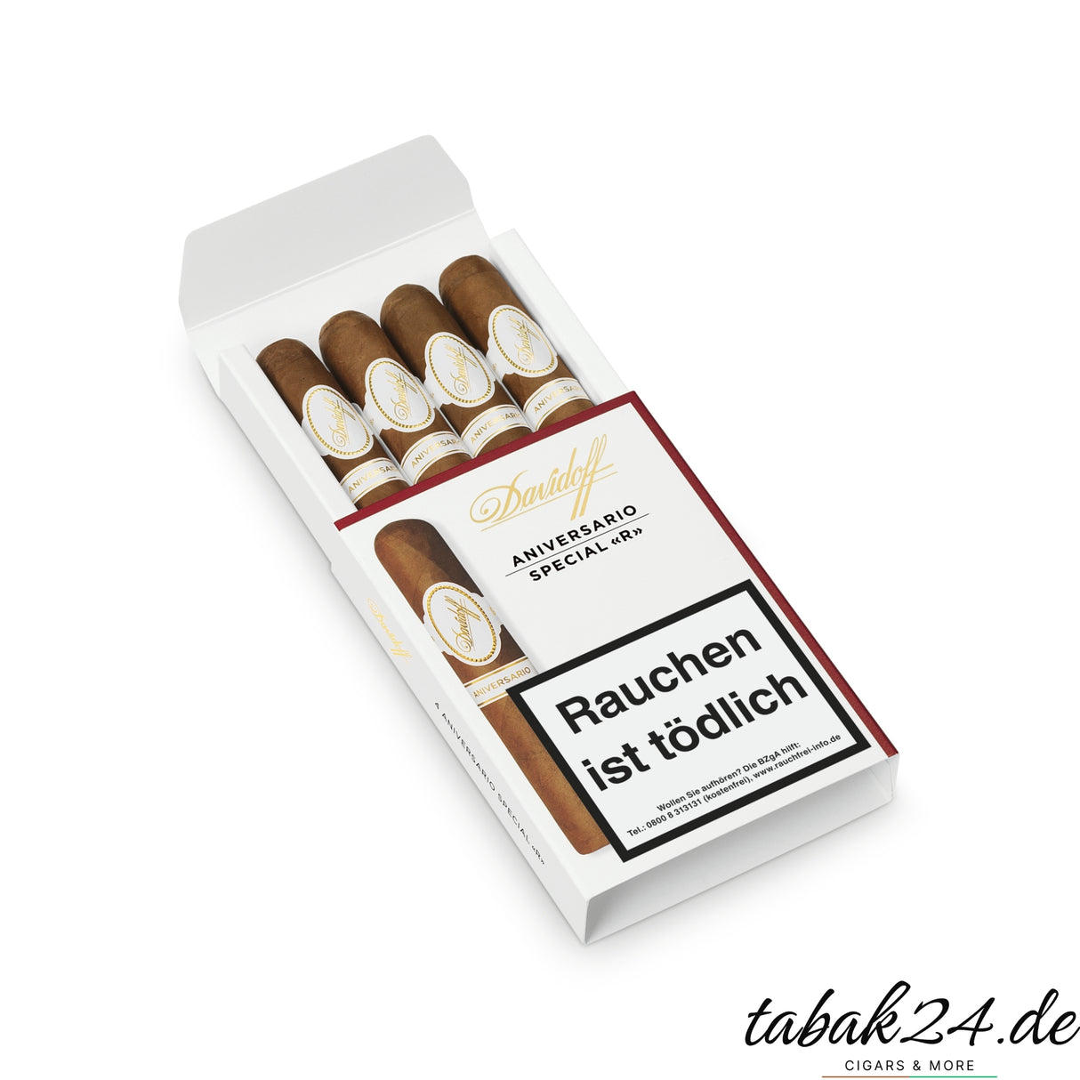 Offene 4er-Packung Davidoff Special R, Zigarren mit Sicht auf Deckblatt und Ring