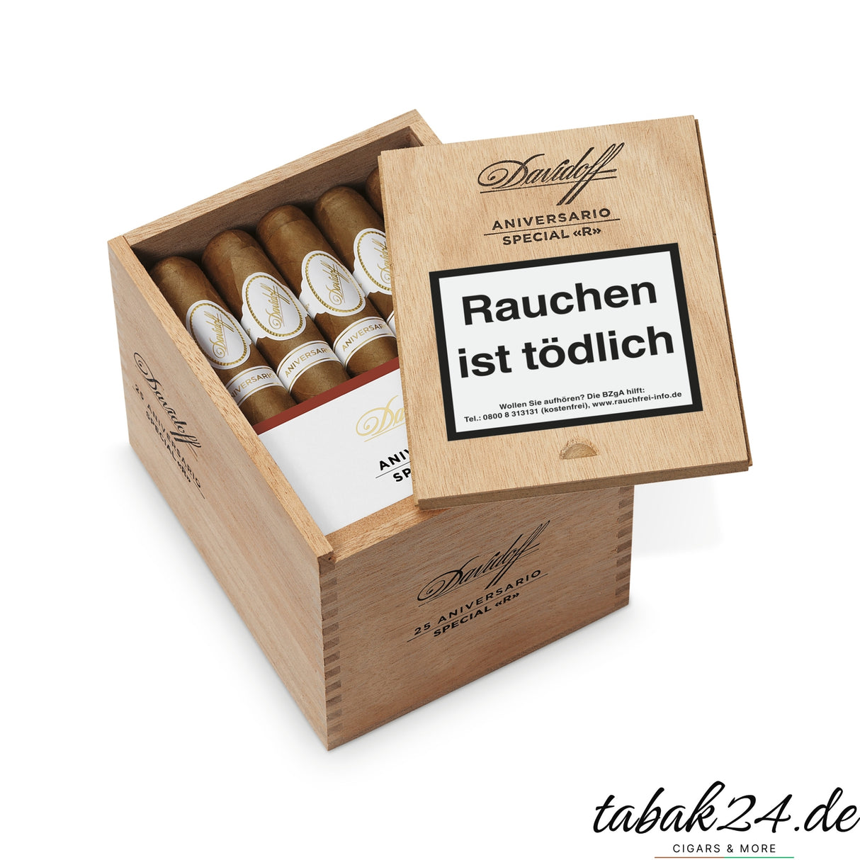 Geöffnete Holzkiste Davidoff Special R, 25 Zigarren perfekt eingelegt