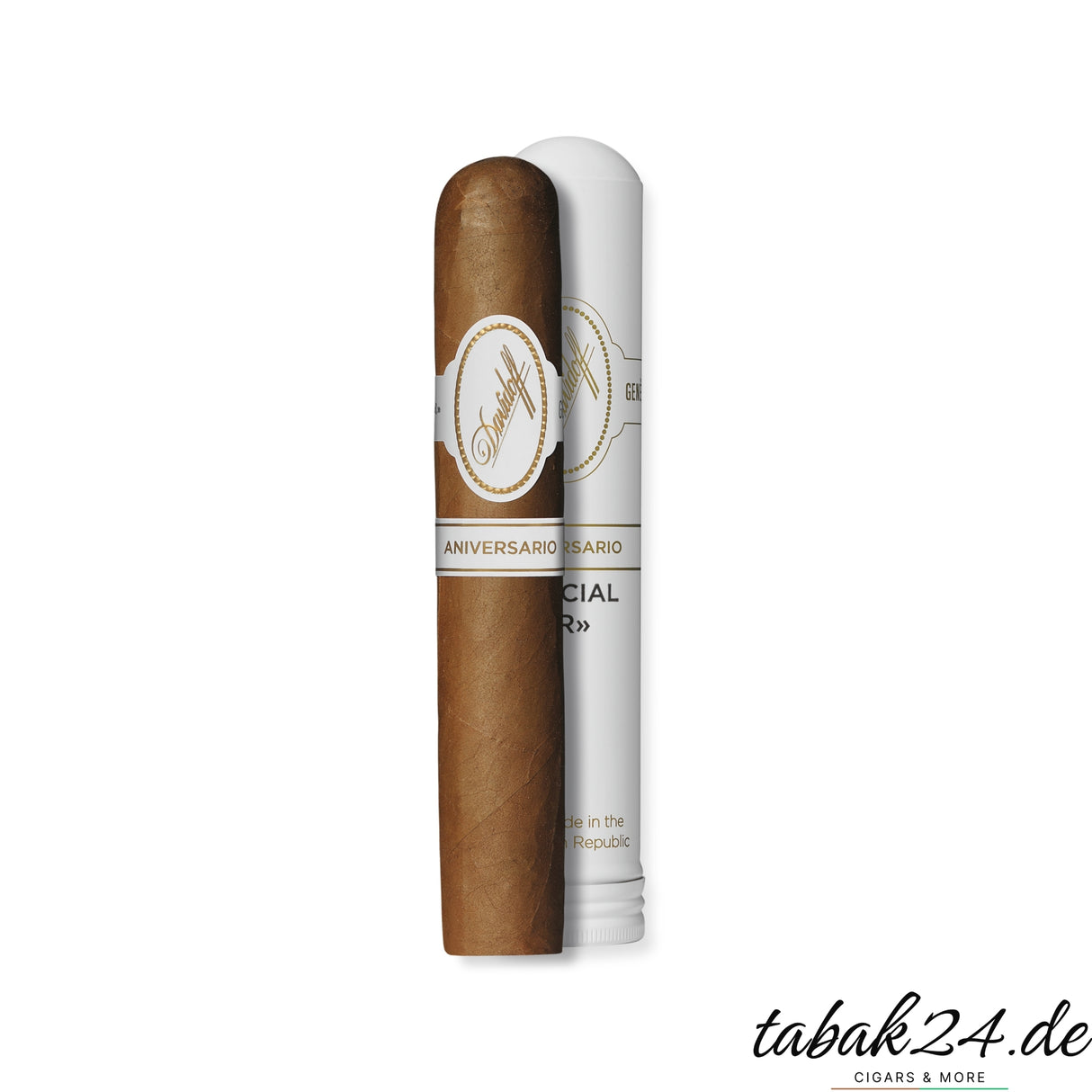 Einzelne Davidoff Aniversario Special R Zigarre neben Aluminium-Tubo