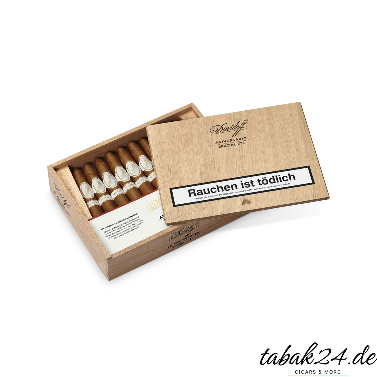 Geöffnete Davidoff Aniversario Special T Zigarrenkiste mit 20 Zigarren