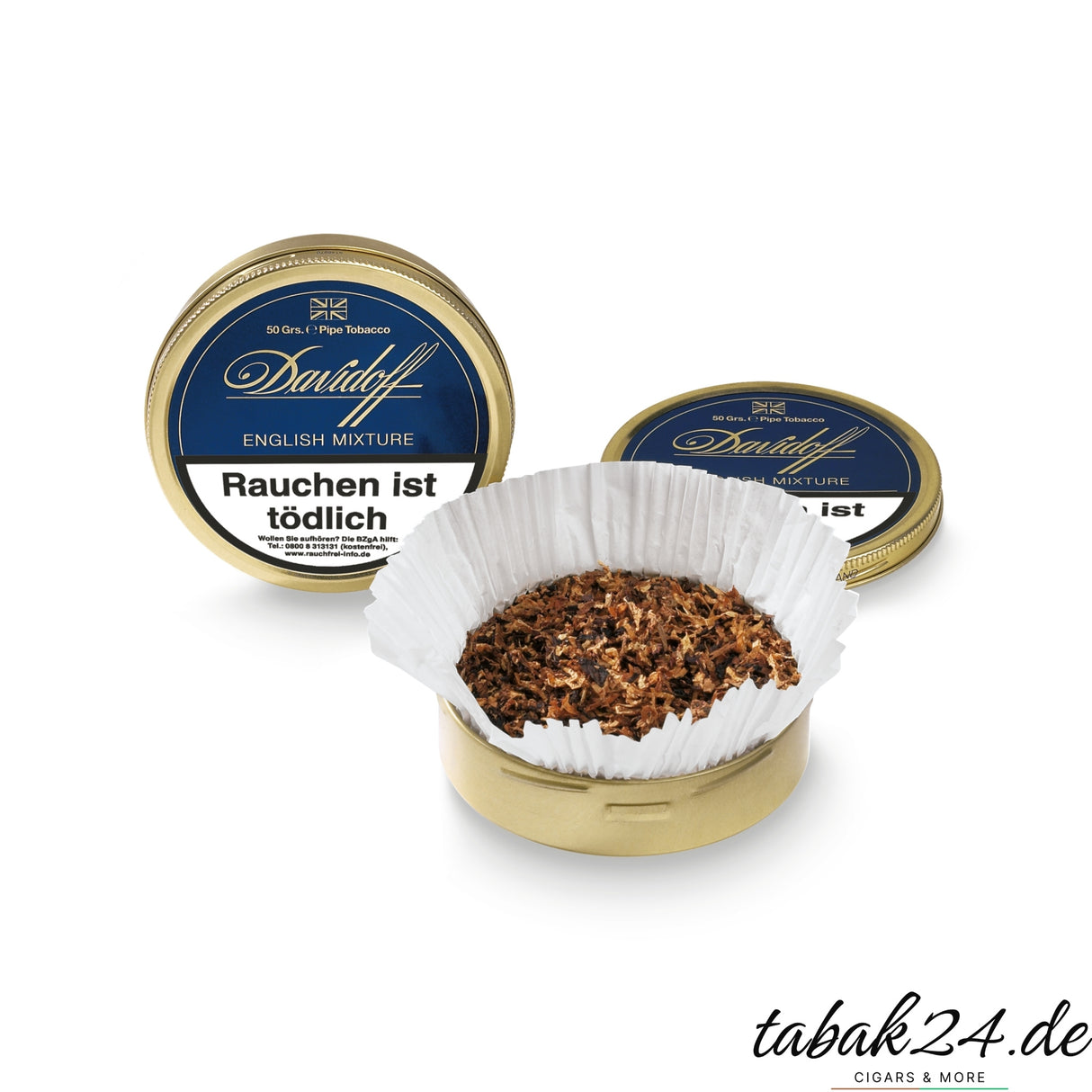 Davidoff English Mixture Pfeifentabakdose geöffnet mit Mischung aus Virginia, Orient und Latakia