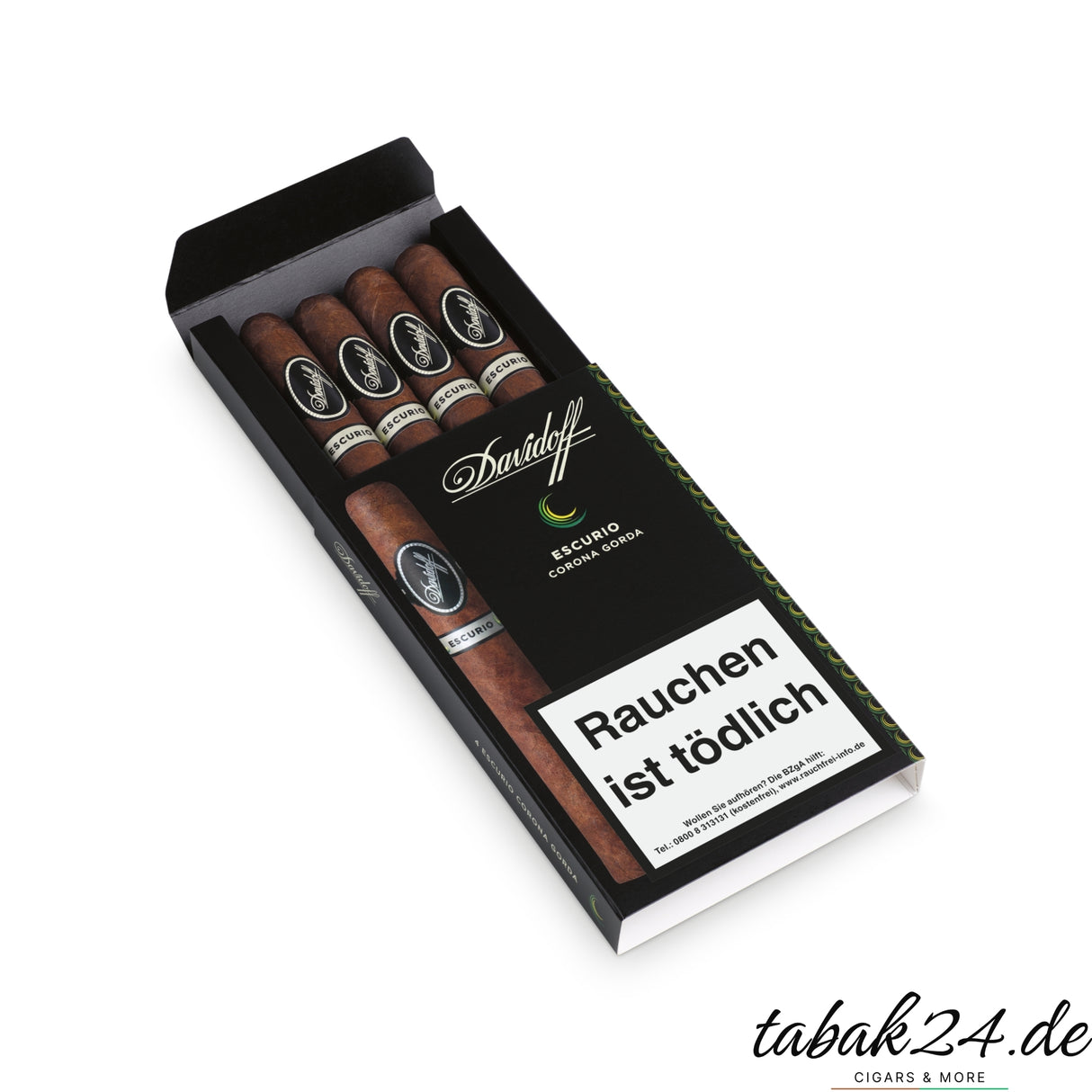Etui mit 4 Davidoff Escurio Corona Gorda Zigarren, geöffnet, 152 mm Format