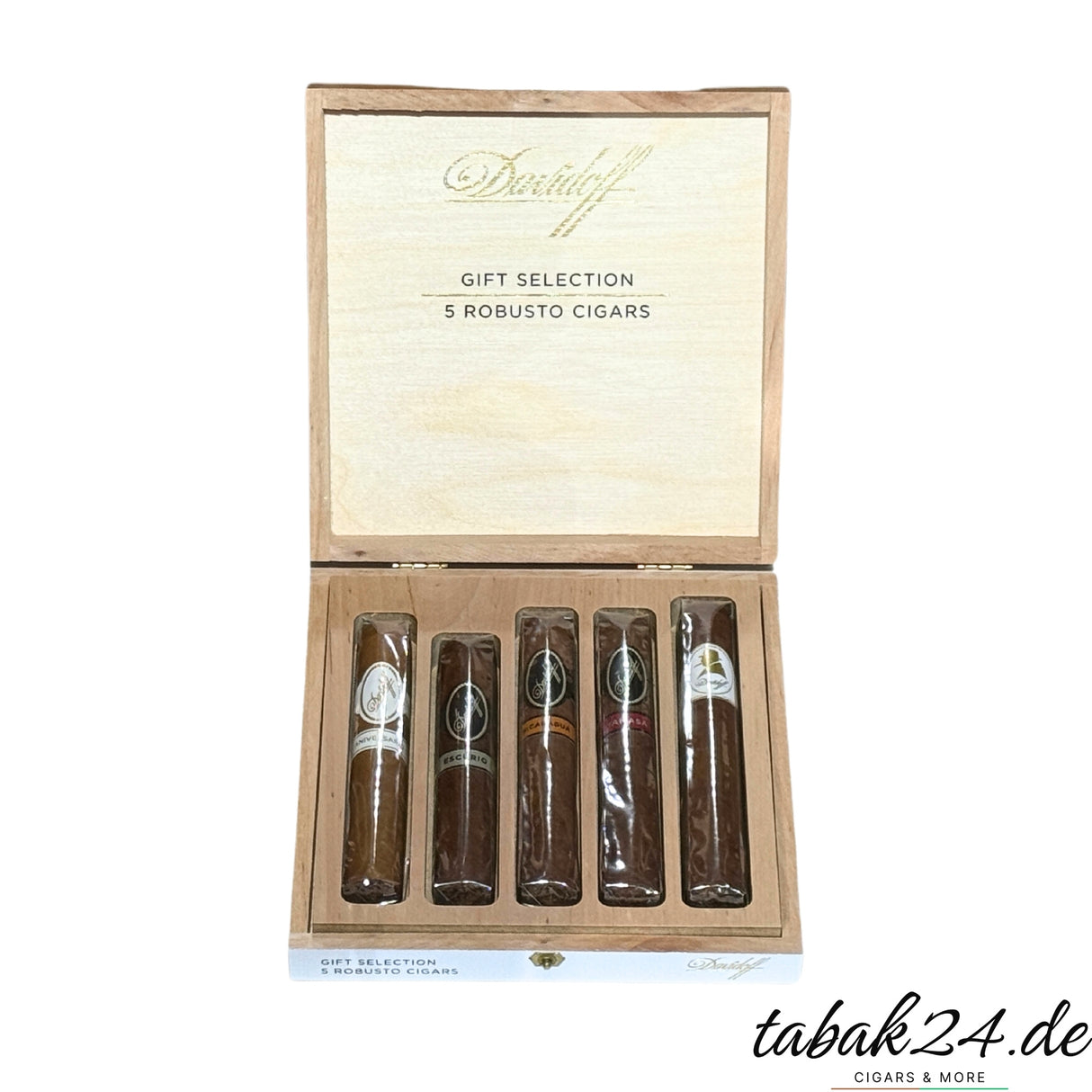 Geöffnete Kiste mit fünf verschiedenen Davidoff Robusto-Zigarren