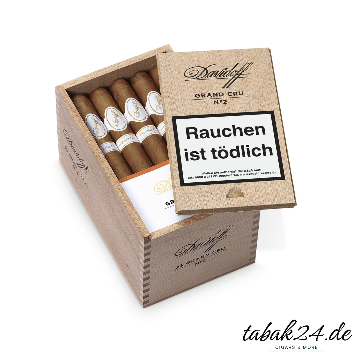 Geöffnete Davidoff Grand Cru No. 2 Kiste mit 25 Zigarren