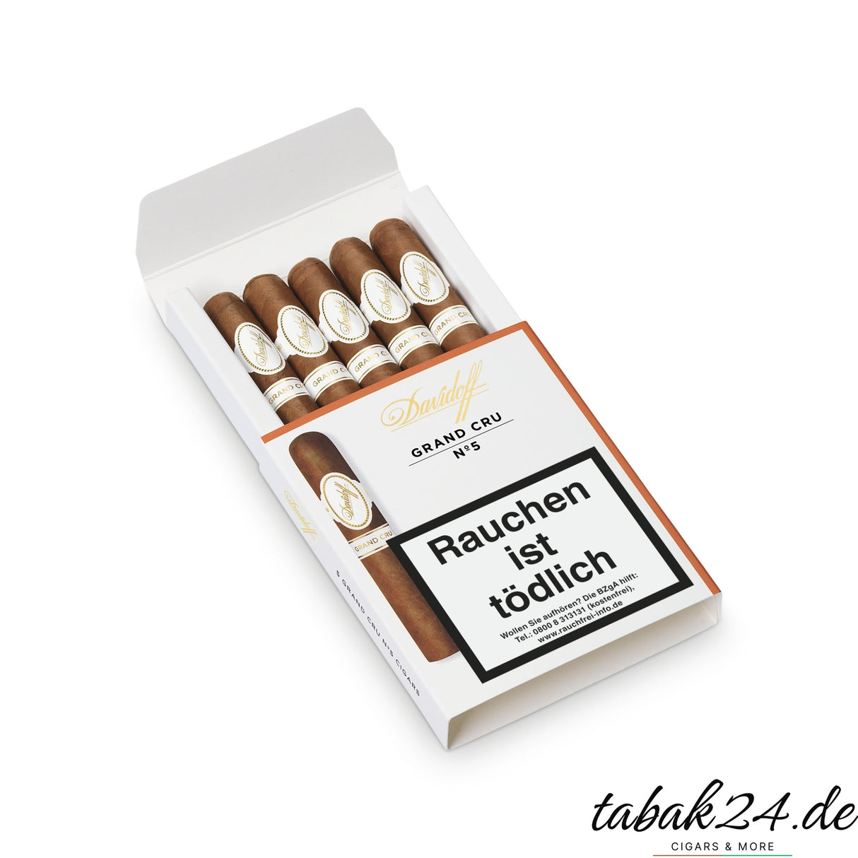Geöffnete Davidoff Grand Cru No. 5 Etui-Packung mit fünf Zigarren