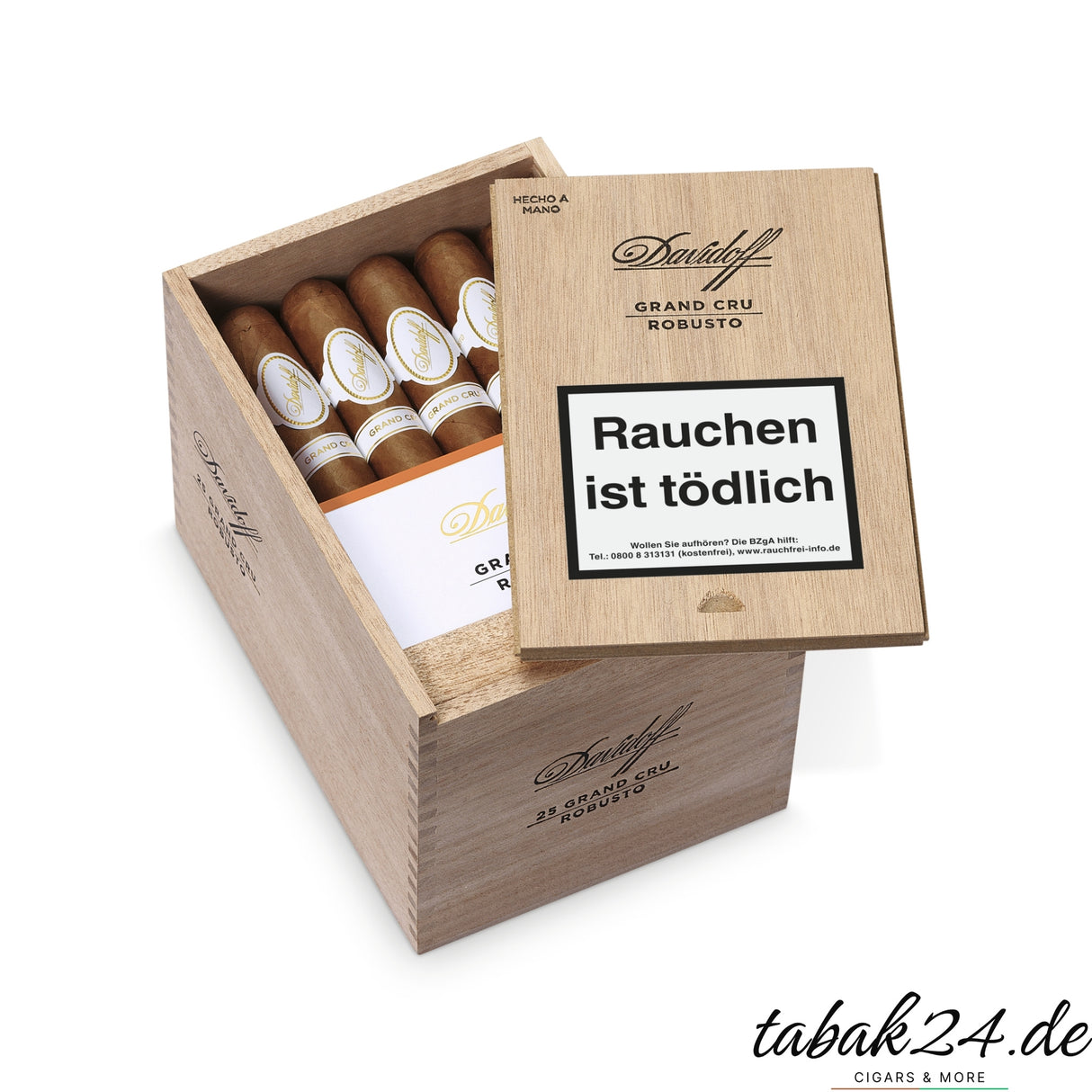 Geöffnete Davidoff Grand Cru Robusto Kiste mit 25 Zigarren