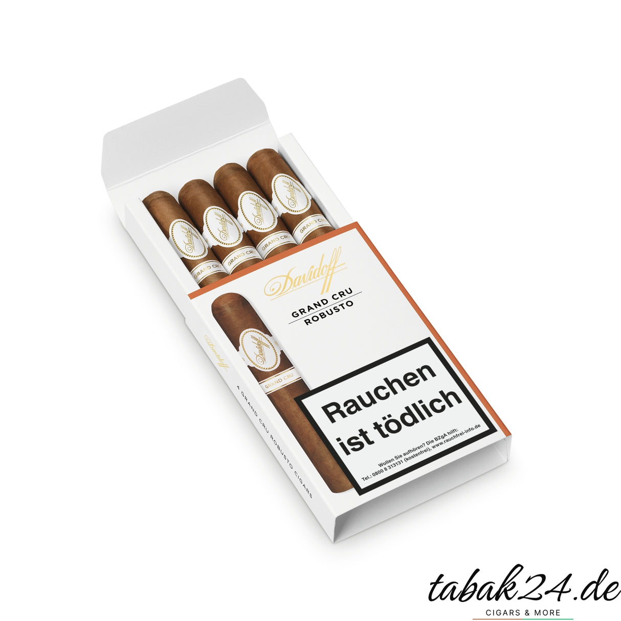 Geöffnete Davidoff Grand Cru Robusto 4er-Packung mit Zigarren