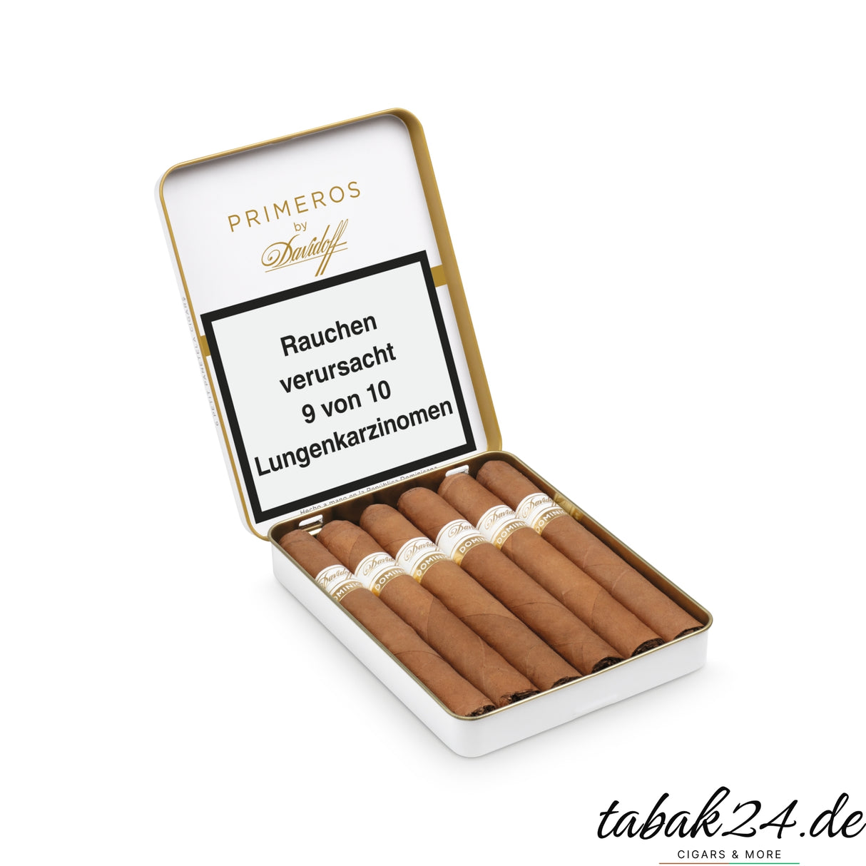 Vorderseite der Primeros Dominican Etui-Verpackung mit Warnhinweis