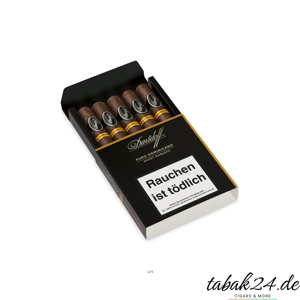 Davidoff Puro Dominicano Short Robusto 5er Etui geöffnet mit fünf dominikanischen Premiumzigarren