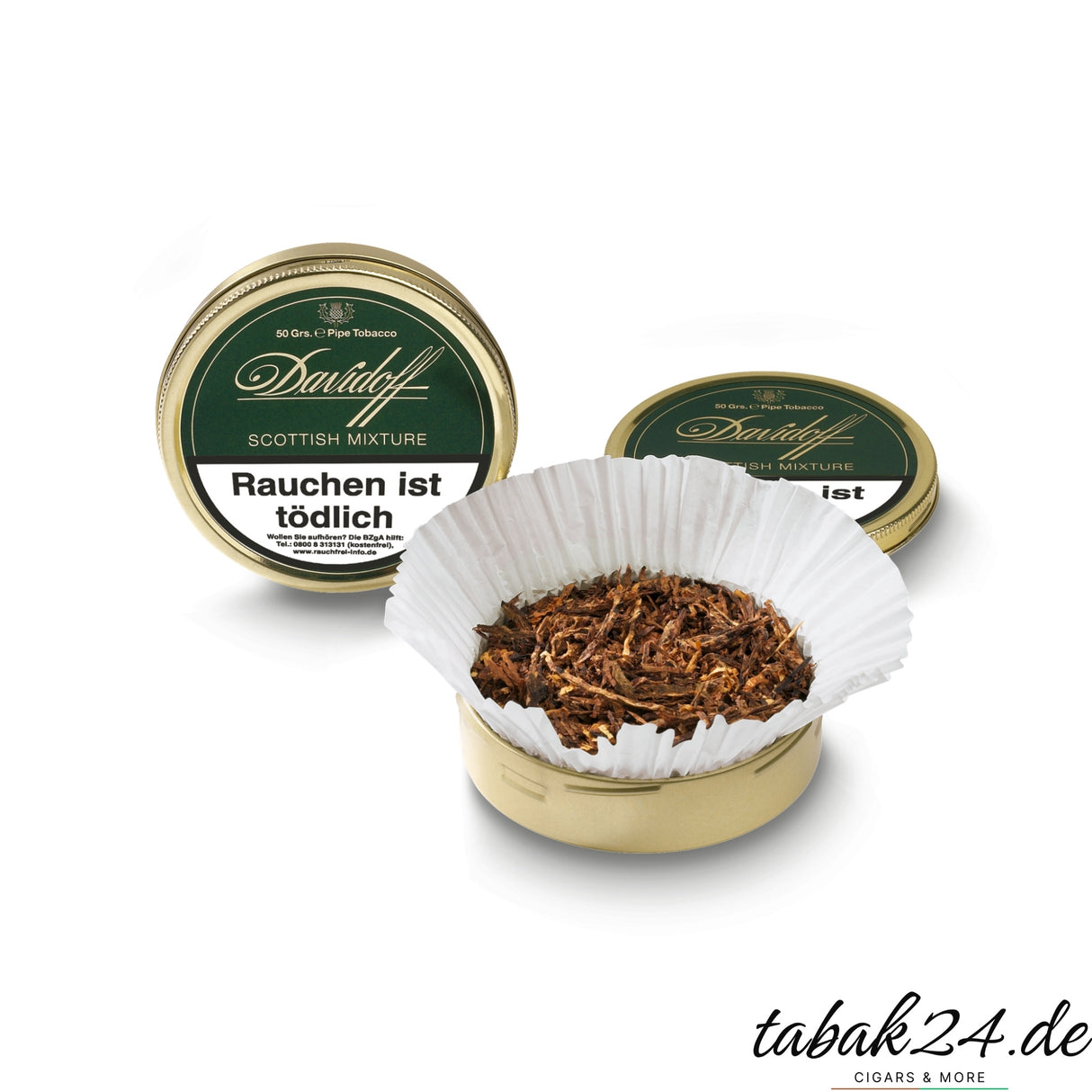 Geöffnete Davidoff Scottish Mixture Dose mit Tabakpapier und losem Schnitt