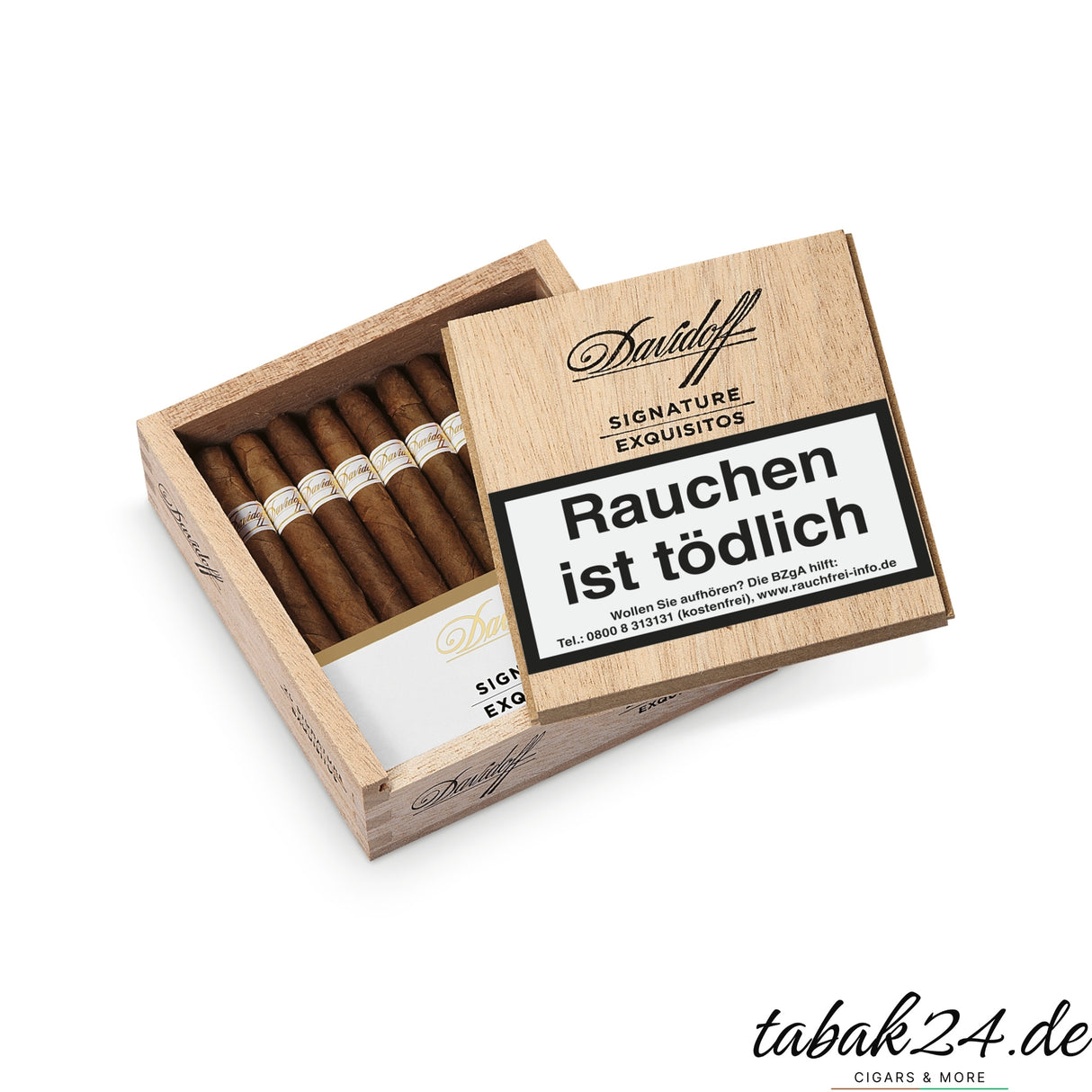 Geöffnete Holzkiste mit zwanzig Davidoff Exquisitos Zigarren
