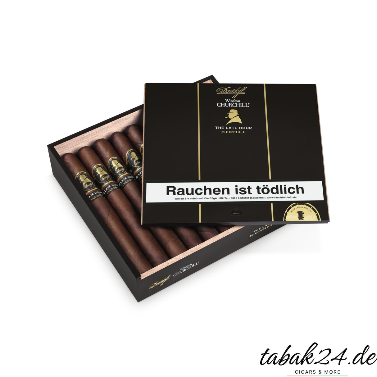 Geöffnete Kiste mit 20 Davidoff Late Hour Churchill Zigarren