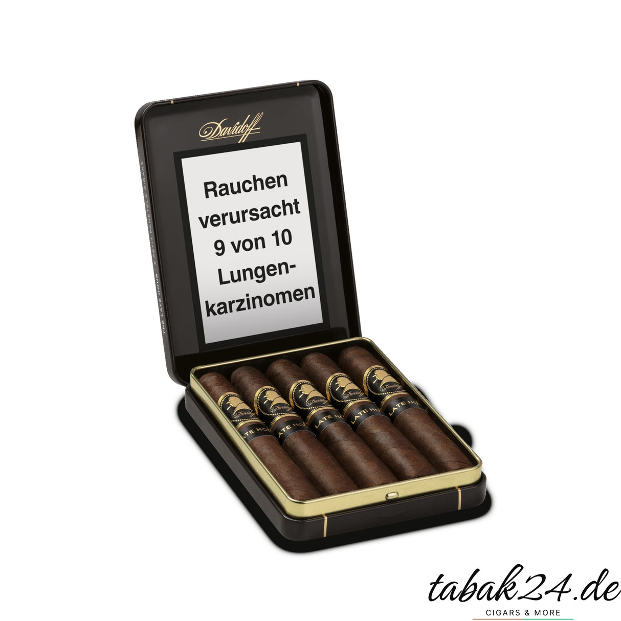 Geöffnetes 5er-Etui der Late Hour Petit Panetela mit Zigarrenansicht