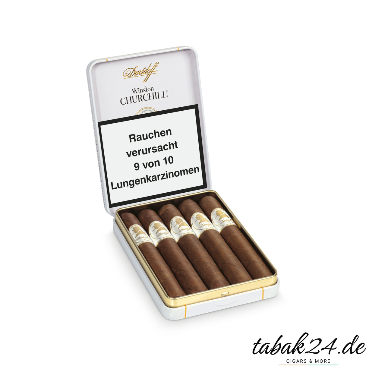 Geöffnete Metalldose mit 5 Zigarren im Slim-Format