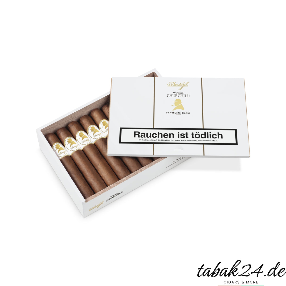 Geöffnete Kiste mit 20 Winston Churchill Robusto Zigarren