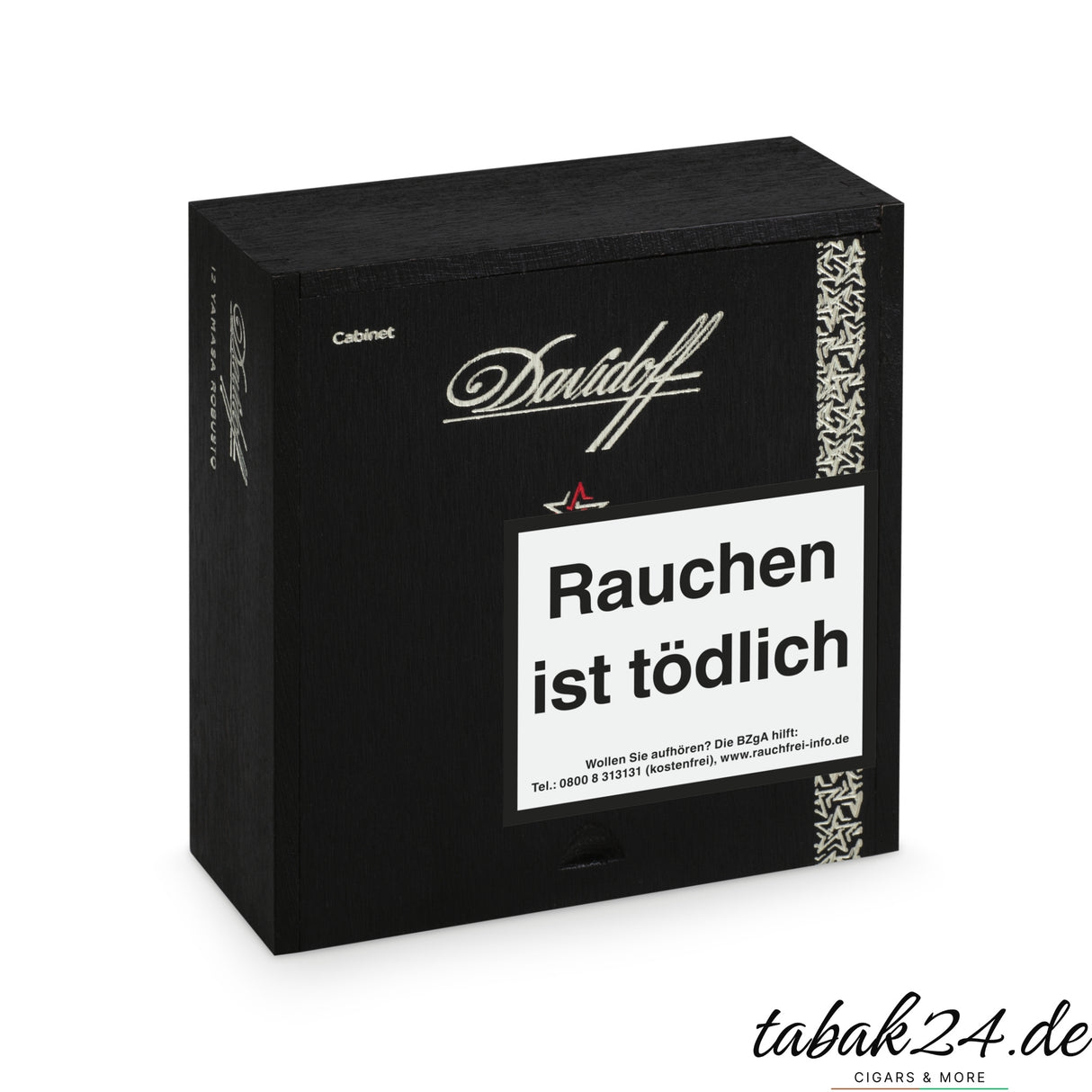 Geschlossene schwarze Kiste der Davidoff Yamasa Robusto mit weißem Logo