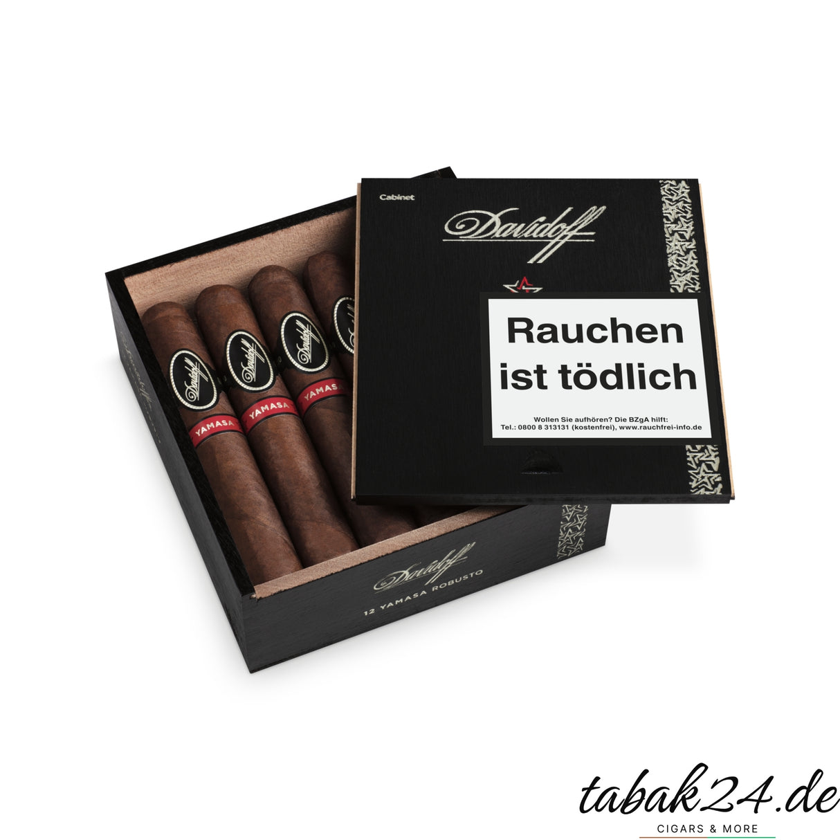 Geöffnete Kiste der Davidoff Yamasa Robusto mit 12 Zigarren in schwarzer Holzbox