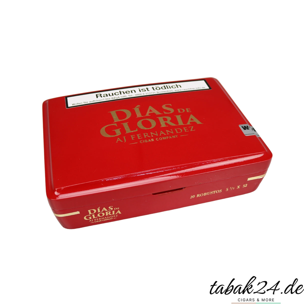 Geschlossene Zigarrenkiste Dias de Gloria Robusto in leuchtendem Rot mit goldener Prägung