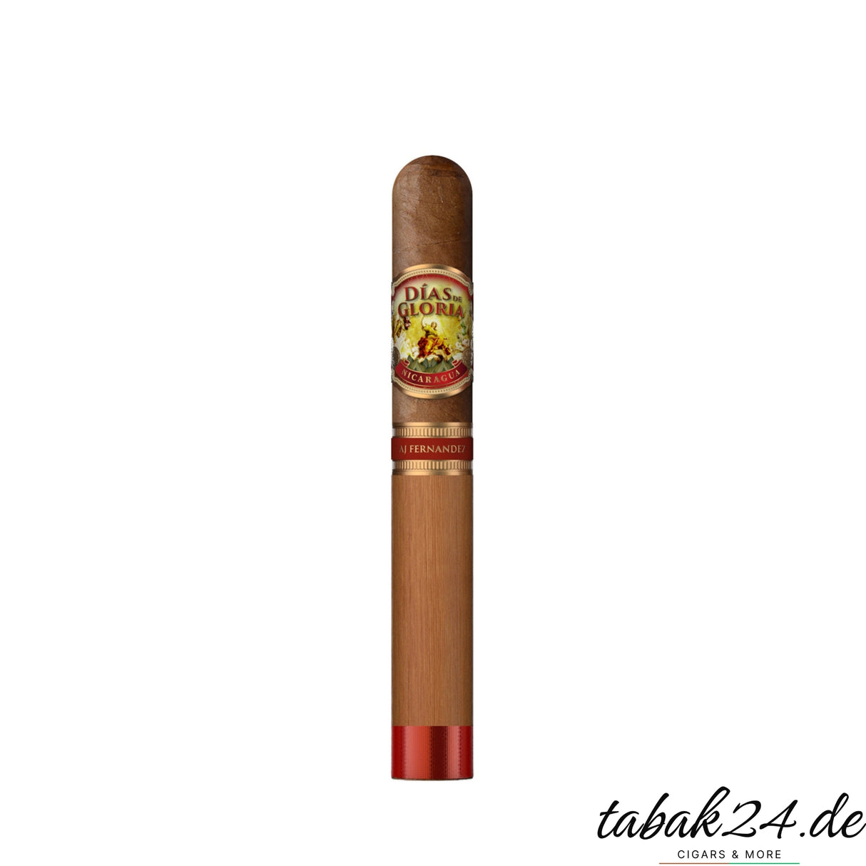 Einzeln platzierte Días de Gloria Toro Zigarre mit Zedernholzblatt und rotem Zigarrenfußband auf weißem Hintergrund