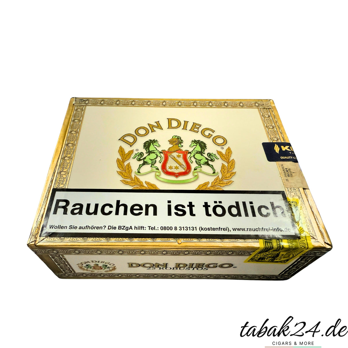 Eine Kiste mit 25 Don Diego Robusto Zigarren und Logo mit 2 Pferden