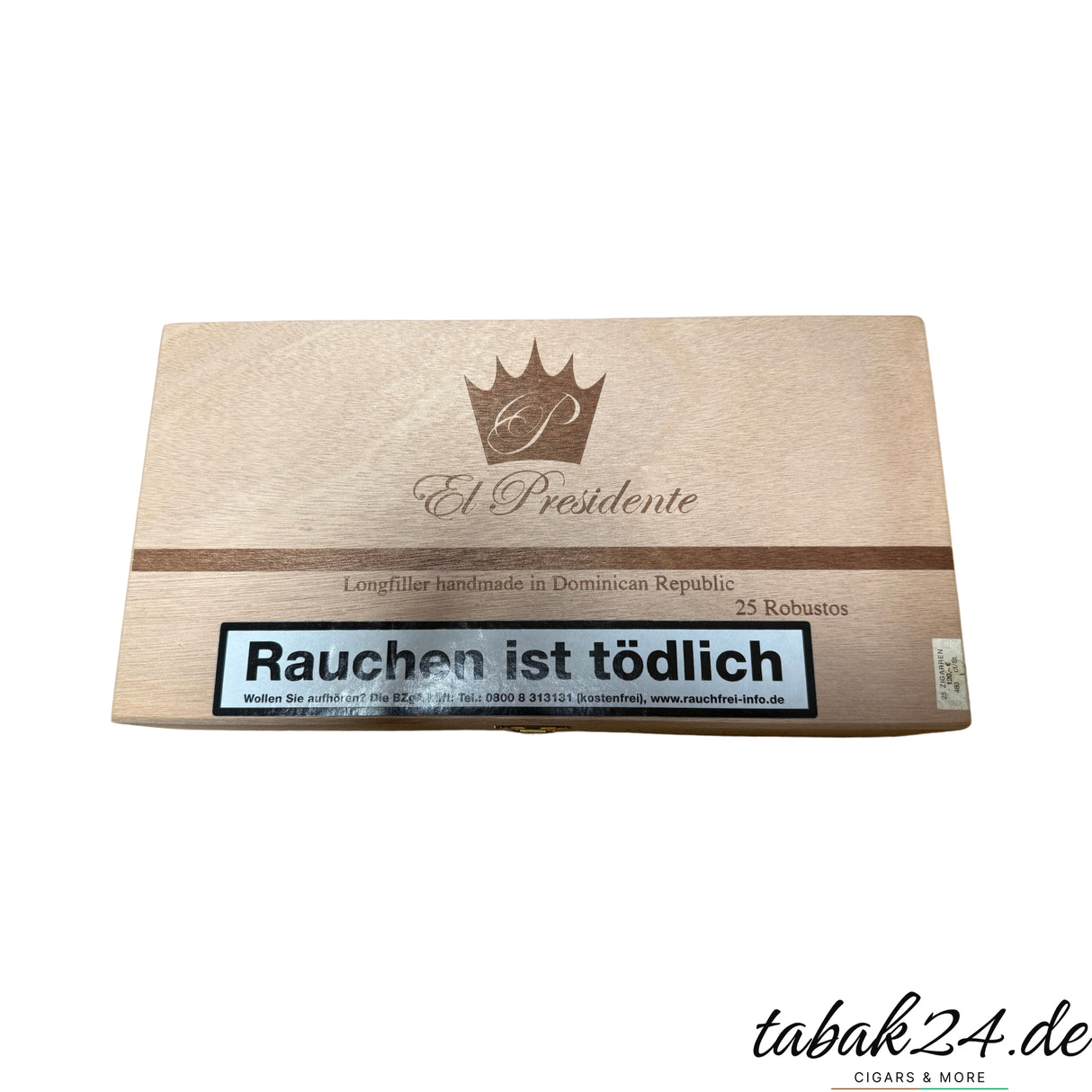 El Presidente Robusto – Geschlossene Holzkiste mit 25 dominikanischen Premium-Zigarren.