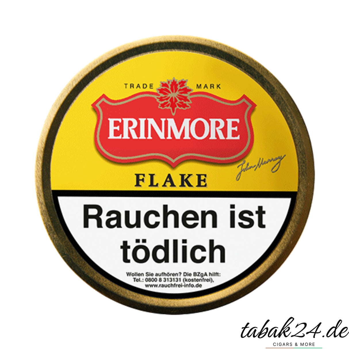 Erinmore Flake Pfeifentabakdose in Gelb mit markanter roter Schrift und Warnhinweis