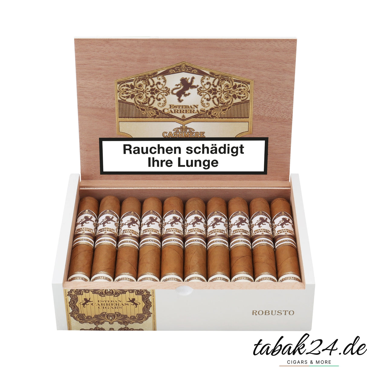 Esteban Carreras Cashmere Robusto Zigarrenkiste geöffnet mit 20 Connecticut-Zigarren