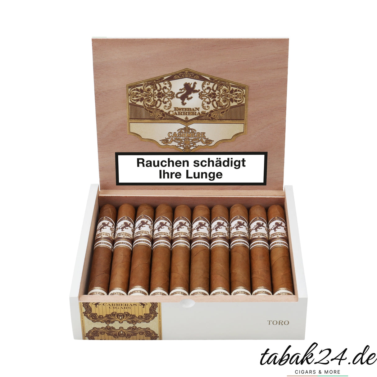 Geöffnete Zigarrenkiste Esteban Carreras Cashmere Toro mit 20 Zigarren