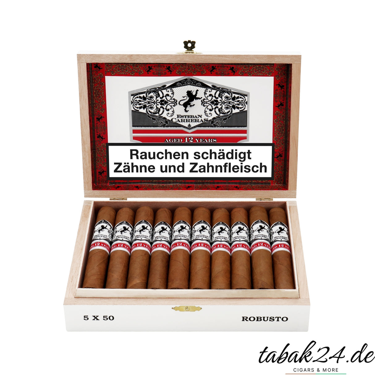Geöffnete Kiste Esteban Carreras Connecticut White Label Robusto mit 20 Zigarren